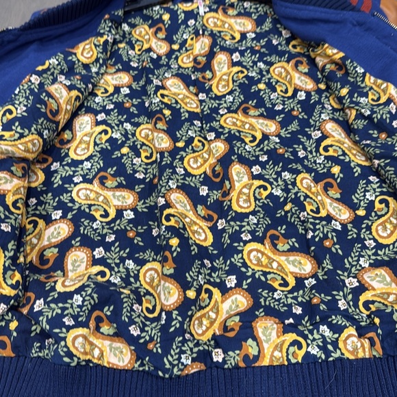 Free People Out Of Your League Bomber Jacket Patches Embroidered Blue Gold Tan - Picture 10 of 12